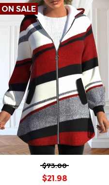 Plus Size Wine Red Pocket Geometric Print Hooded Coat