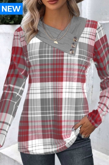Wine Red Patchwork Plaid Long Sleeve Asymmetrical Neck Sweatshirt