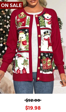 Wine Red Patchwork Christmas Print Long Sleeve Coat