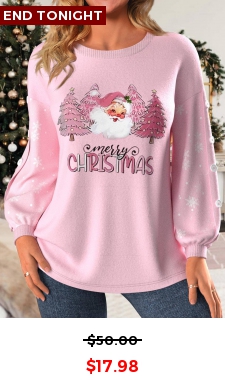 Light Pink Button Christmas Print Long Sleeve Sweatshirt