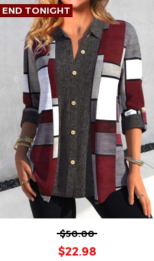 Dark Grey Button Geometric Print Shirt Collar Blouse