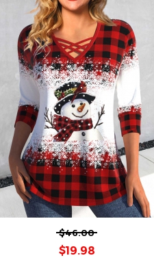 Red Criss Cross Snowman Print Long Sleeve T Shirt