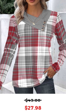 Wine Red Patchwork Plaid Long Sleeve Asymmetrical Neck Sweatshirt