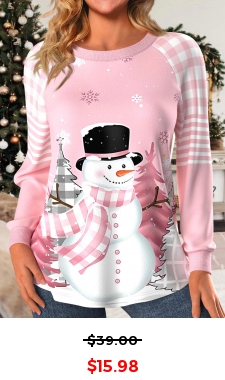 Light Pink Patchwork Snowman Print Long Sleeve Sweatshirt