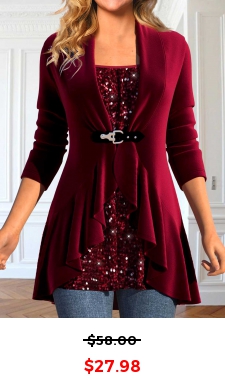 Wine Red Sequin Long Sleeve Square Neck T Shirt