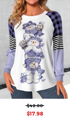Light Purple Patchwork Snowman Print Long Sleeve T Shirt