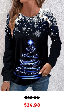 Black Button Christmas Tree Print Long Sleeve Sweatshirt
