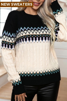 Black Weave Tribal Print Long Sleeve Round Neck Sweater