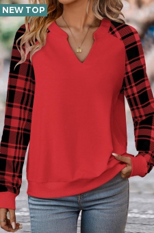 Red Split Plaid Long Sleeve Sweatshirt