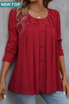 Red Patchwork Long Sleeve Round Neck Blouse