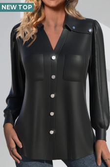 Black Faux Leather Long Sleeve Shirt Collar Blouse