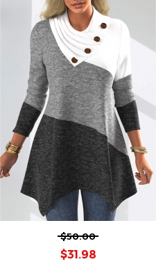 Decorative Button Patchwork Long Sleeve Asymmetrical Neck Sweatshirt