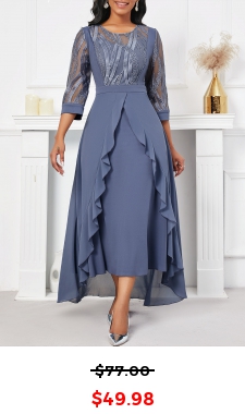 Dusty Blue Embroidery High Low Round Neck Dress