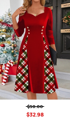 Red Patchwork Plaid Long Sleeve Heart Collar Dress