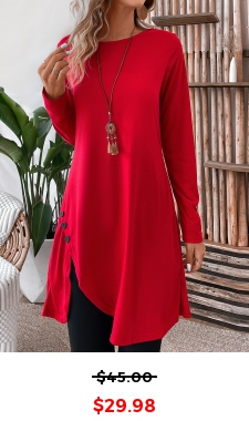Red Button Short Long Sleeve Round Neck Shift Dress