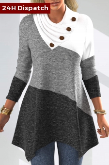 Decorative Button Patchwork Long Sleeve Asymmetrical Neck Sweatshirt