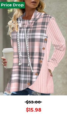 Button Tartan Print Pink Drawstring Sweatshirt