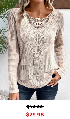 Beige Lace Long Sleeve Round Neck T Shirt