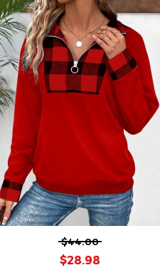 Red Patchwork Plaid Long Sleeve Turn Down Collar Sweatshirt