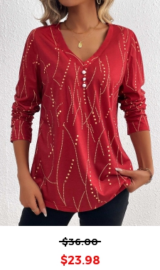 Wine Red Button Geometric Print Long Sleeve T Shirt