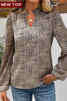 Light Camel Split Graffiti Print Long Sleeve Blouse