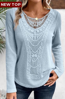 Dusty Blue Lace Long Sleeve Round Neck T Shirt