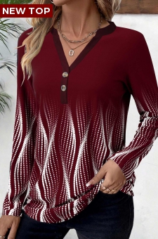 Deep Red Button Ombre Long Sleeve T Shirt