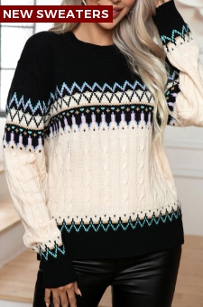 Black Weave Tribal Print Long Sleeve Round Neck Sweater