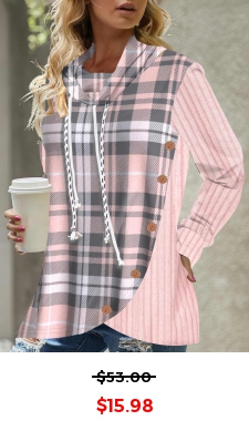 Button Tartan Print Pink Drawstring Sweatshirt
