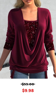 Plus Size Wine Red Sequin Long Sleeve T Shirt