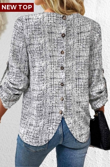 Black Button Graffiti Print Long Sleeve V Neck Blouse