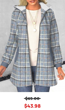 Plus Size Dusty Blue Zipper Plaid Long Sleeve Coat