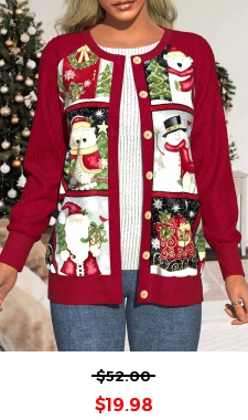 Wine Red Patchwork Christmas Print Long Sleeve Coat