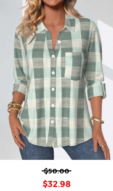 Sage Green Button Plaid Three Quarter Length Sleeve Blouse