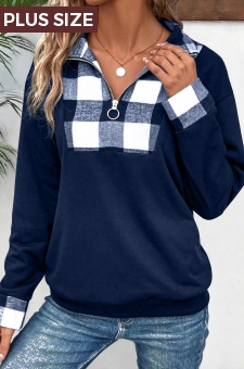 Plus Size Navy Patchwork Plaid Long Sleeve Sweatshirt
