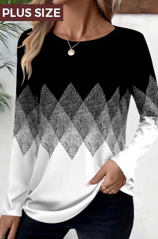 Plus Size Black Patchwork Geometric Print T Shirt
