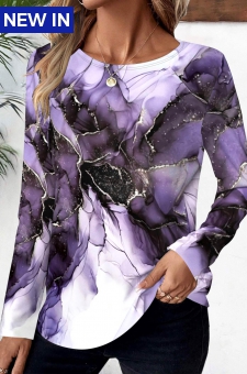 Purple Floral Print Long Sleeve Round Neck T Shirt