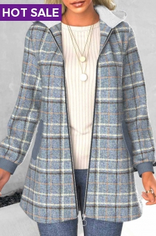 Plus Size Dusty Blue Zipper Plaid Long Sleeve Coat