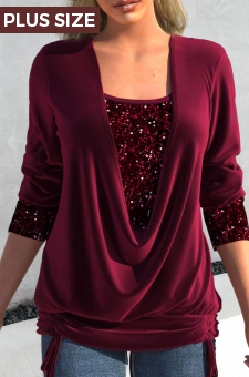 Plus Size Wine Red Sequin Long Sleeve T Shirt