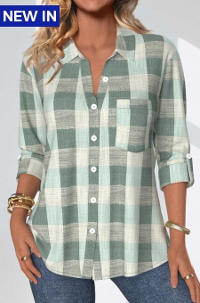 Sage Green Button Plaid Three Quarter Length Sleeve Blouse