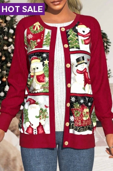 Wine Red Patchwork Christmas Print Long Sleeve Coat