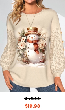 Christmas Lace Snowman Print Long Sleeve Round Neck Sweatshirt