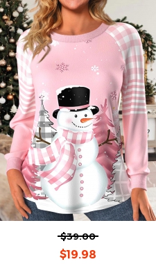 Light Pink Patchwork Snowman Print Long Sleeve Sweatshirt