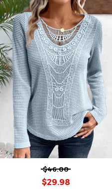 Dusty Blue Lace Long Sleeve Round Neck T Shirt