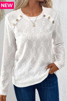 White Button Long Sleeve Round Neck T Shirt