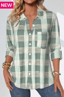 Sage Green Button Plaid Three Quarter Length Sleeve Blouse