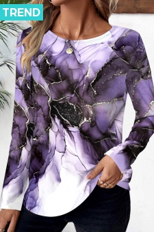 Purple Floral Print Long Sleeve Round Neck T Shirt