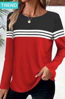 Red Striped Long Sleeve Round Neck T Shirt