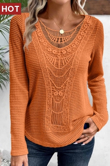 Orange Lace Long Sleeve Round Neck T Shirt