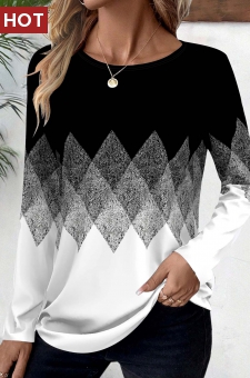 Black Patchwork Geometric Print Long Sleeve T Shirt